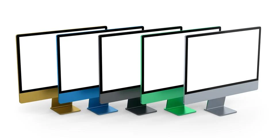 Set of desktop computers with blank screen display isolated on white backgrou Illustrazione stock