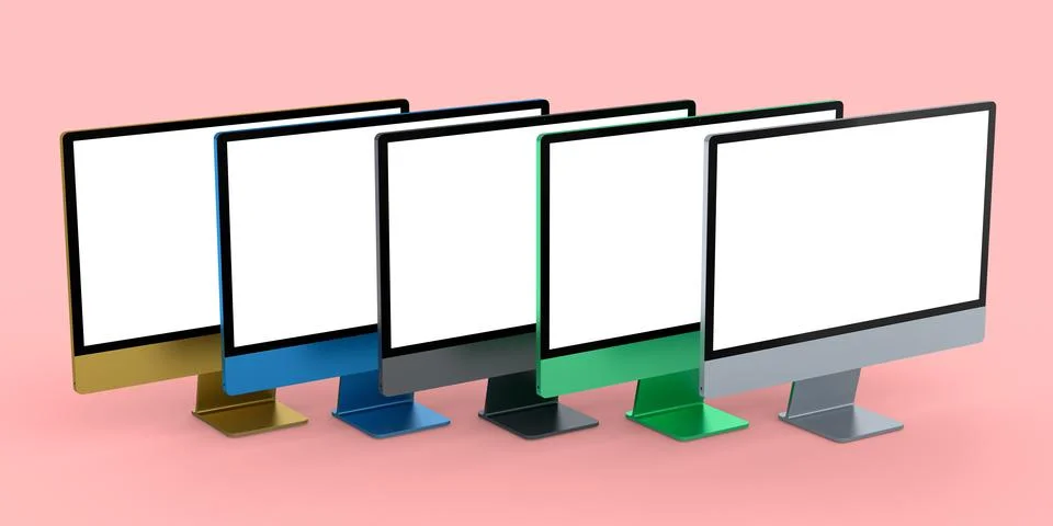 Set of desktop computers with blank screen display isolated on pink backgroun Illustrazione stock