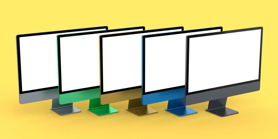 Set of desktop computers with blank screen display isolated on yellow backgro Illustrazione stock