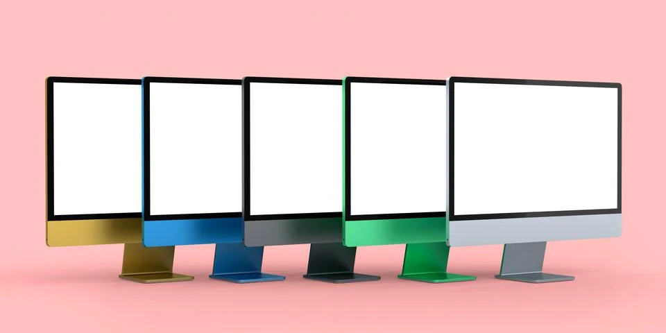 Set of desktop computers with blank screen display isolated on pink backgroun Illustrazione stock