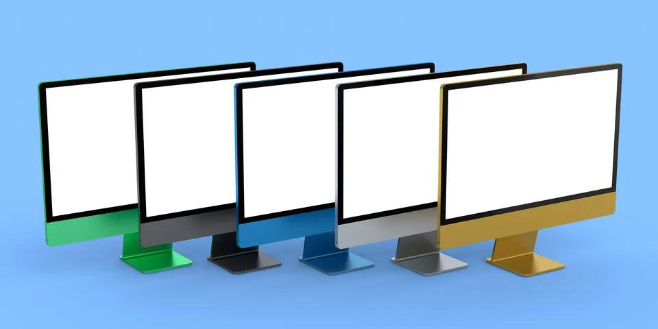 Set of desktop computers with blank screen display isolated on blue backgroun Illustrazione stock