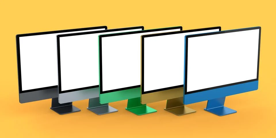 Set of desktop computers with blank screen display isolated on yellow backgro Illustrazione stock