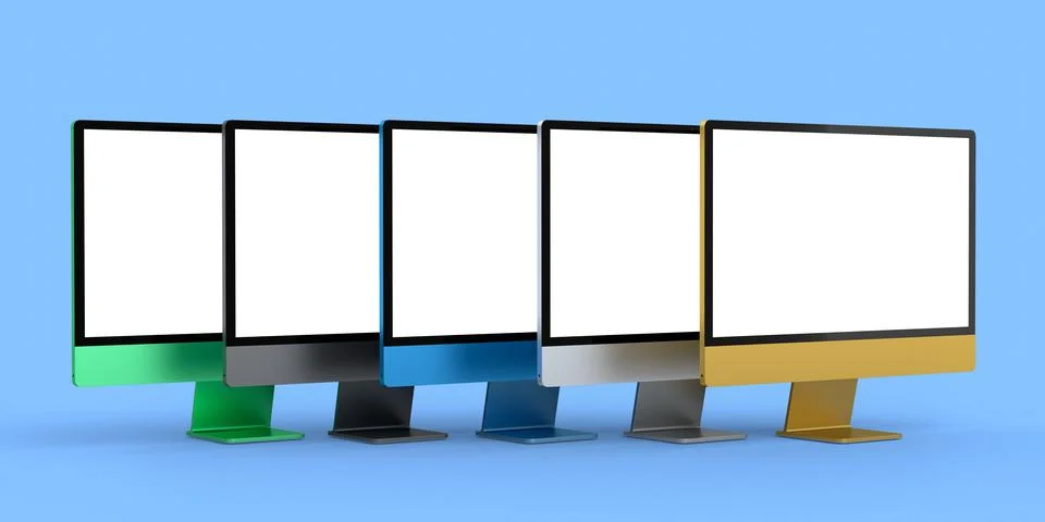 Set of desktop computers with blank screen display isolated on blue backgroun Illustrazione stock