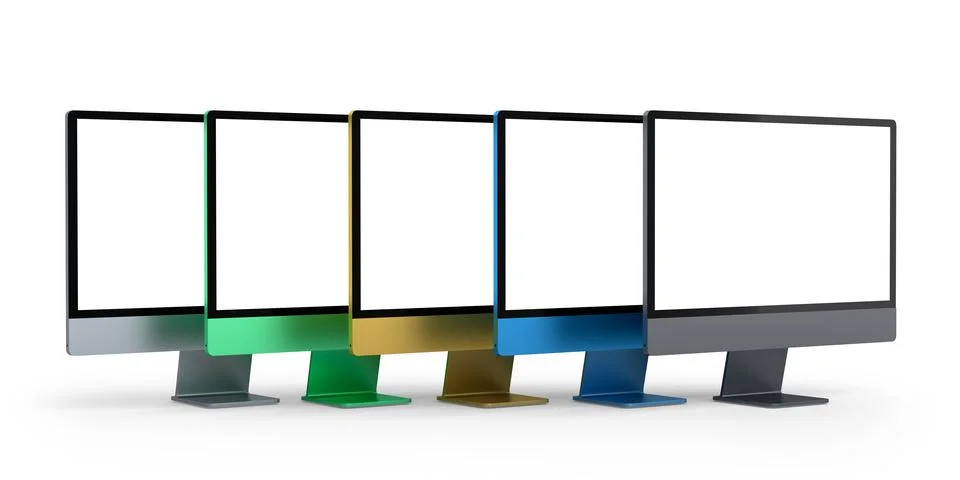 Set of desktop computers with blank screen display isolated on white backgrou Illustrazione stock