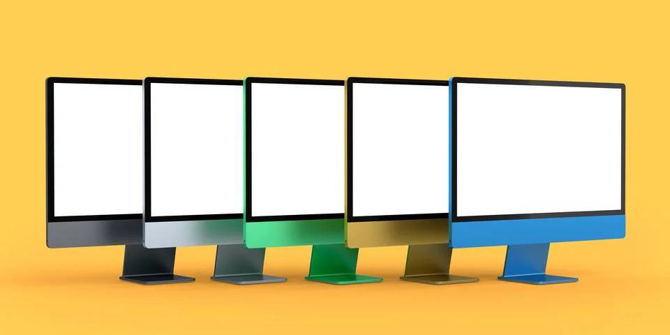 Set of desktop computers with blank screen display isolated on yellow background Stock Illustration