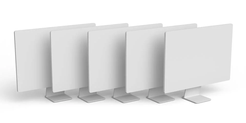Set of desktop computers with blank screen display isolated on white backgrou Illustrazione stock