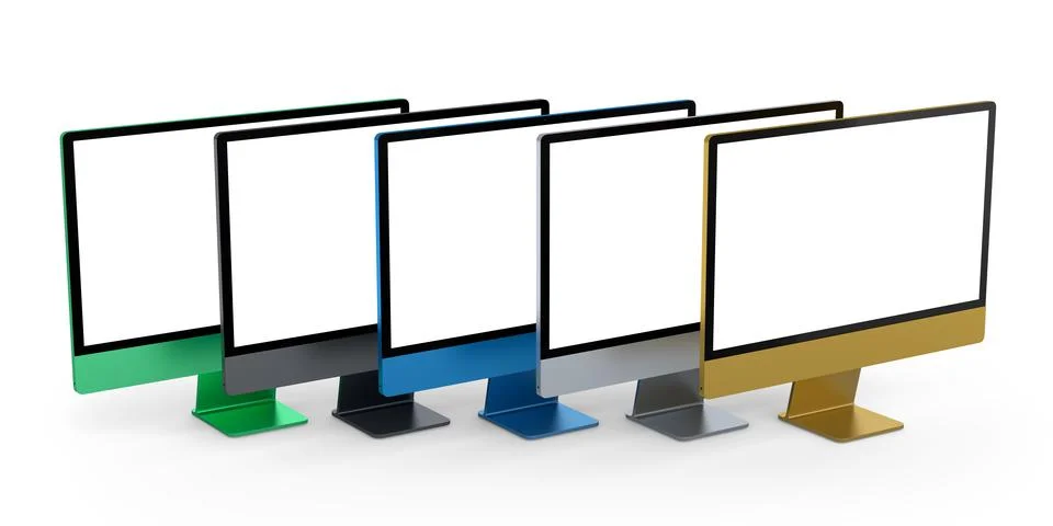 Set of desktop computers with blank screen display isolated on white backgrou Illustrazione stock