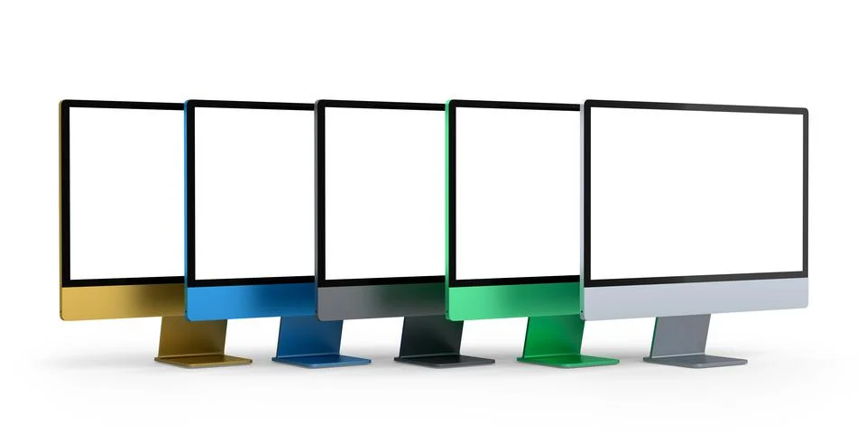 Set of desktop computers with blank screen display isolated on white backgrou Illustrazione stock