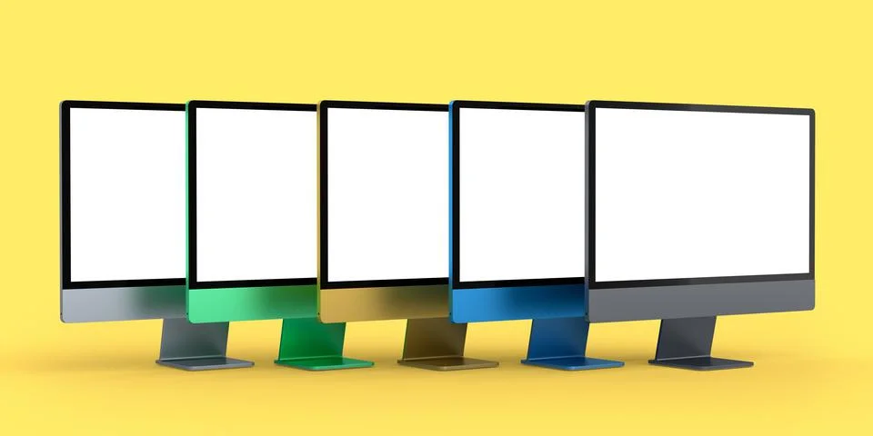 Set of desktop computers with blank screen display isolated on yellow backgro Illustrazione stock