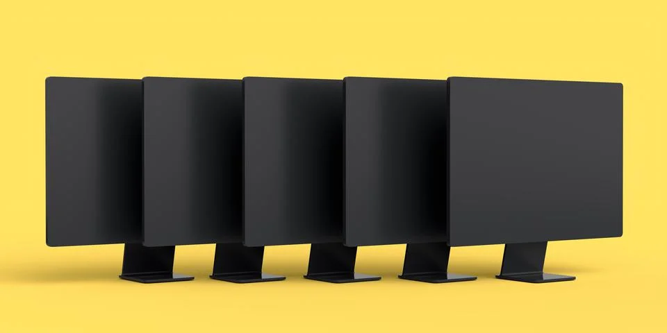 Set of desktop computers with blank screen display isolated on yellow backg.. Illustrazione stock
