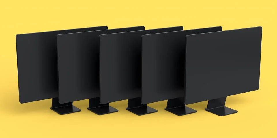 Set of desktop computers with blank screen display isolated on yellow backg.. Illustrazione stock