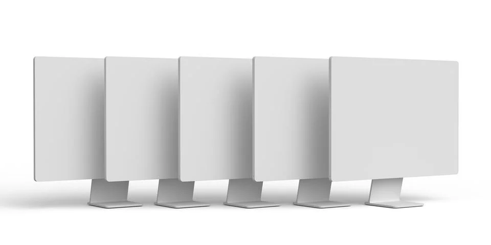 Set of desktop computers with blank screen display isolated on white backgr.. Illustrazione stock