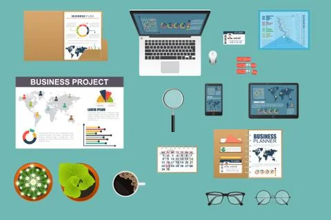 Set of desktop tools. Top view Business elements in realistic design. Stock Illustration