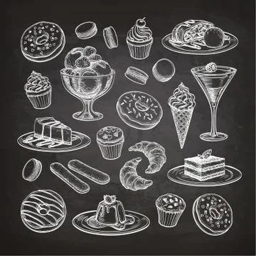 Set of dessert on chalkboard. Stock Illustration