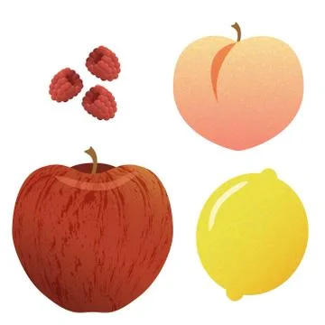 Set of Detailed - Fruits Lemon, Red Apple, Raspberries, Peach Stock Illustration