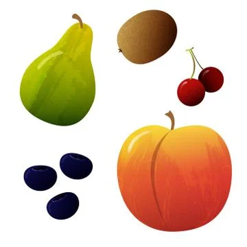 Set of Detailed Fruits - Pear, Kiwi, Blueberries, Apricot Stock Illustration