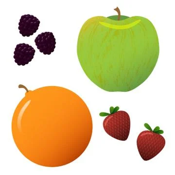 Set of Detailed Fruits Strawberries, Blackberries, Green Apple, Orange Stock Illustration