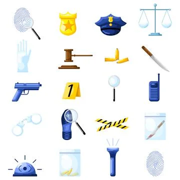 Set detective in flat style on white background. Police elements gun, badge,  스톡 일러스트