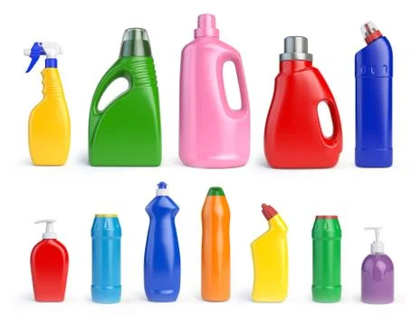 Set of detergent bottles and containers, cleaning and washing supplies, Stock Illustration