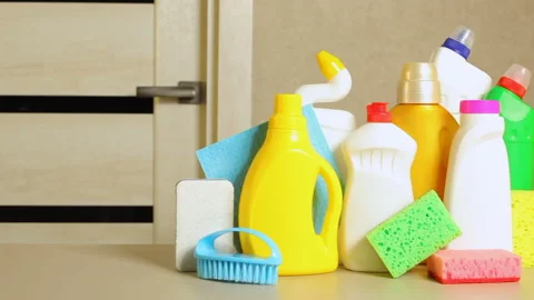Set of detergents on the table in the interior of the room close-up Stock Footage 168543144