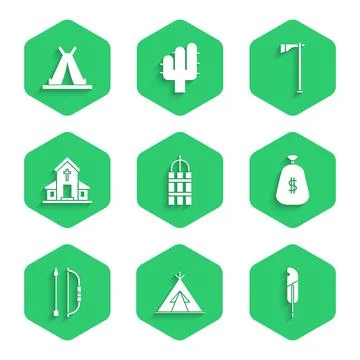 Set Detonate dynamite bomb stick, Indian teepee or wigwam, Feather pen, Money Illustration