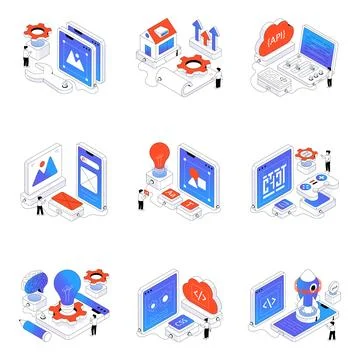 Set of Development Isometric Illustrations Stock Illustration