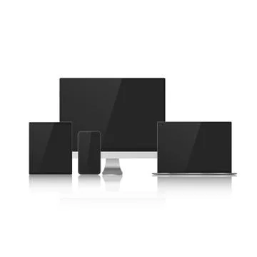 Set of Device Mock Up with Black Screens for your Design. Realistic Computer, Stock Illustration