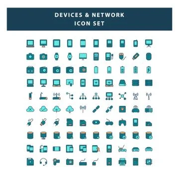 Set of Devices and Network icon with filled outline style design vector Stock Illustration