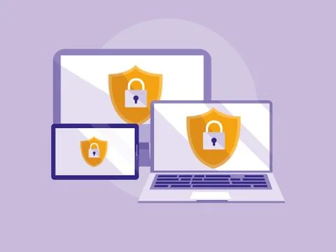 Set devices electronics with shields and padlocks Stock Illustration