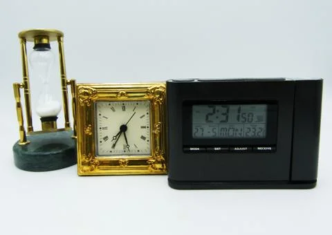 Set of devices to measure time on white background Stock-Fotos