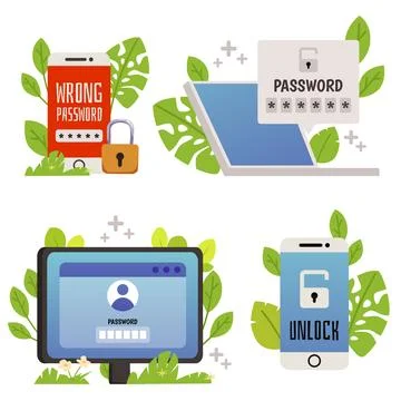 Set of device's screens with password enter windows flat style, vector Stock Illustration