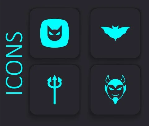 Set Devil head, Black cat, Flying bat and Trident devil icon. Black square Illustrazione stock