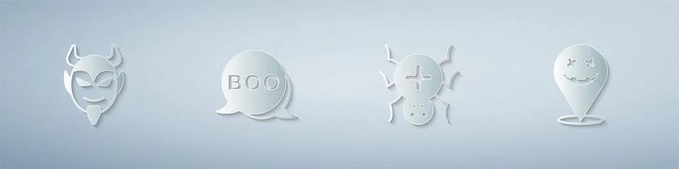 Set Devil head, Boo speech bubble, Spider and Happy Halloween holiday. Paper art Illustrazione stock