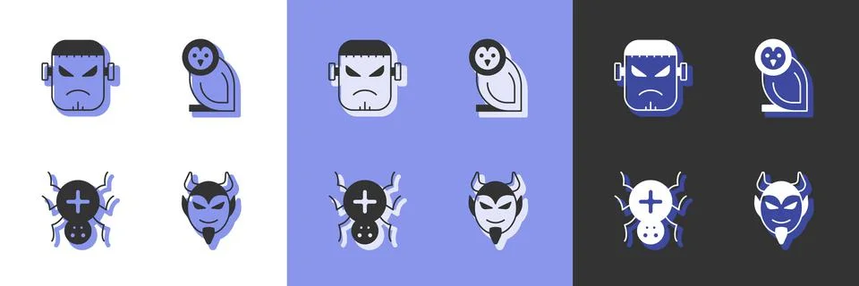 Set Devil head, Frankenstein face, Spider and Owl bird icon. Vector 스톡 일러스트