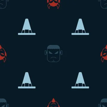 Set Devil head, Frankenstein face and Witch hat on seamless pattern. Vector Illustrazione stock