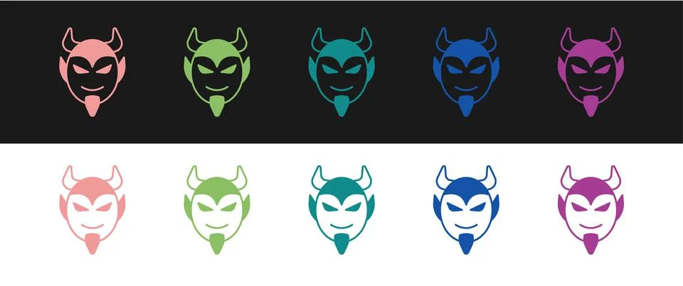 Set Devil head icon isolated on black and white background. Happy Halloween Stock Illustration