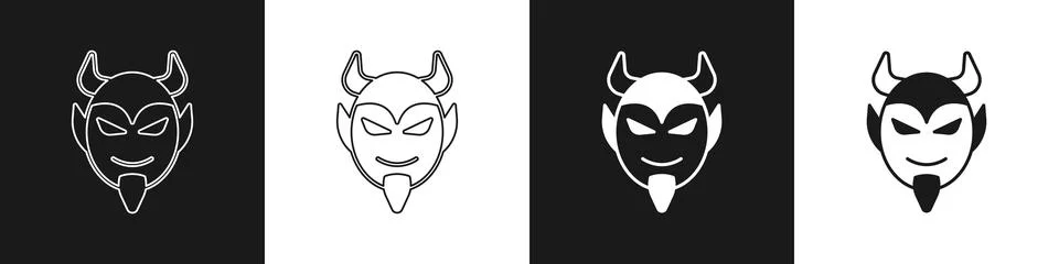 Set Devil head icon isolated on black and white background. Happy Halloween 스톡 일러스트