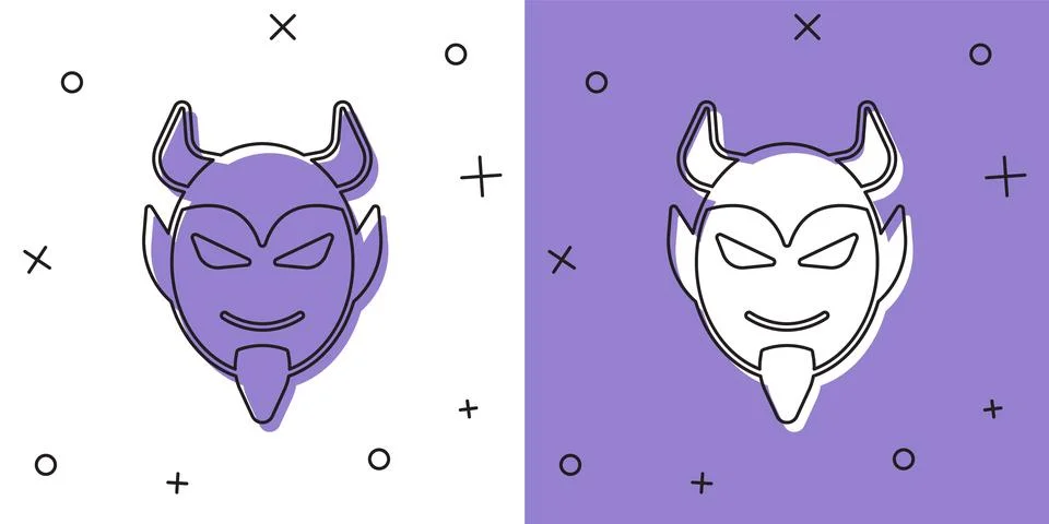 Set Devil head icon isolated on white and purple background. Happy Halloween 스톡 일러스트