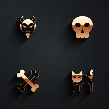 Set Devil head, Skull, Crossed bones and Black cat icon with long shadow. Vec Stock Illustration