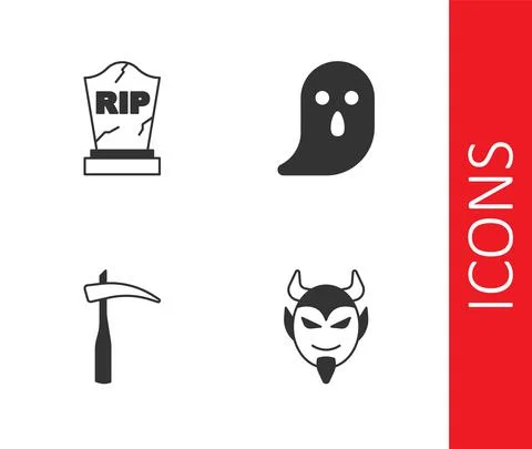Set Devil head, Tombstone with RIP written, Scythe and Ghost icon. Vector Stock Illustration