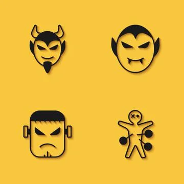 Set Devil head, Voodoo doll, Frankenstein face and Vampire icon with long shadow Stock Illustration