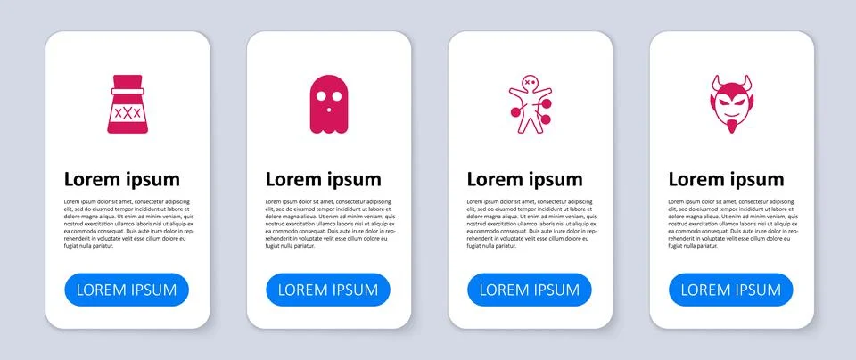 Set Devil head, Voodoo doll, Ghost and Bottle with potion. Business infographic Stock Illustration