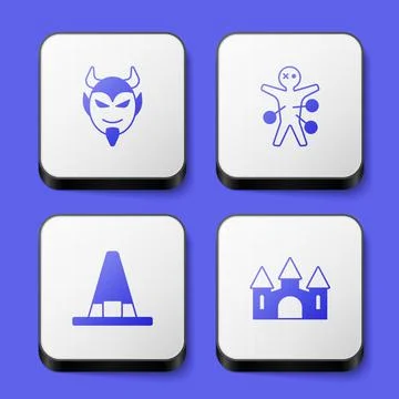 Set Devil head, Voodoo doll, Witch hat and Castle icon. White square button.  Stockillustratie