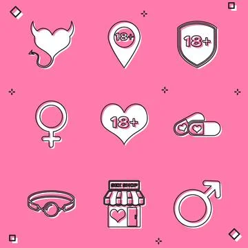 Set Devil heart with horns, Location 18 plus, Shield, Female gender symbol Stock Illustration