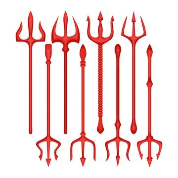 Set of devil trident set collection, red different shapes satan's trident i.. Stock Illustration