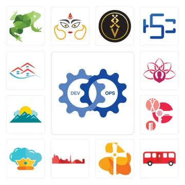 Set of devops, bus, church, leipzig hd, supreme, salon, mountain, lotus, emla Free Stock Illustration