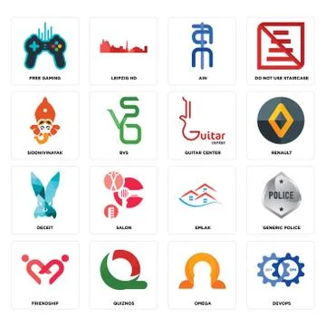 Set of devops, omega, friendship, emlak, deceit, guitar center, siddhivinayak Illustrazione stock gratuita