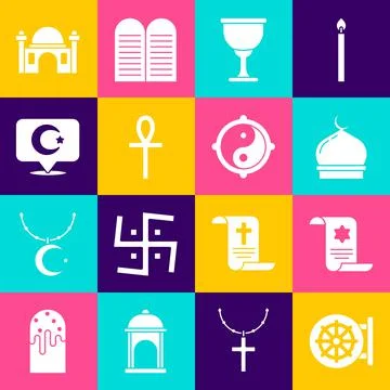 Set Dharma wheel, Torah scroll, Muslim Mosque, Holy grail chalice, Cross ankh Stock Illustration