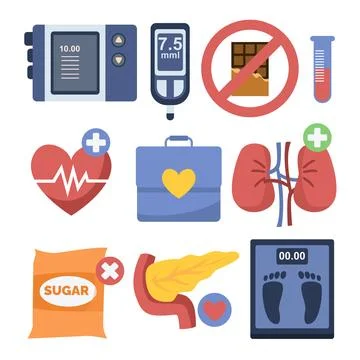 Set of Diabetes elements objects set collection. Diabetes equipment icon co.. Stock Illustration
