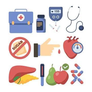 Set of Diabetes elements objects set collection. Diabetes equipment icon co.. 스톡 일러스트